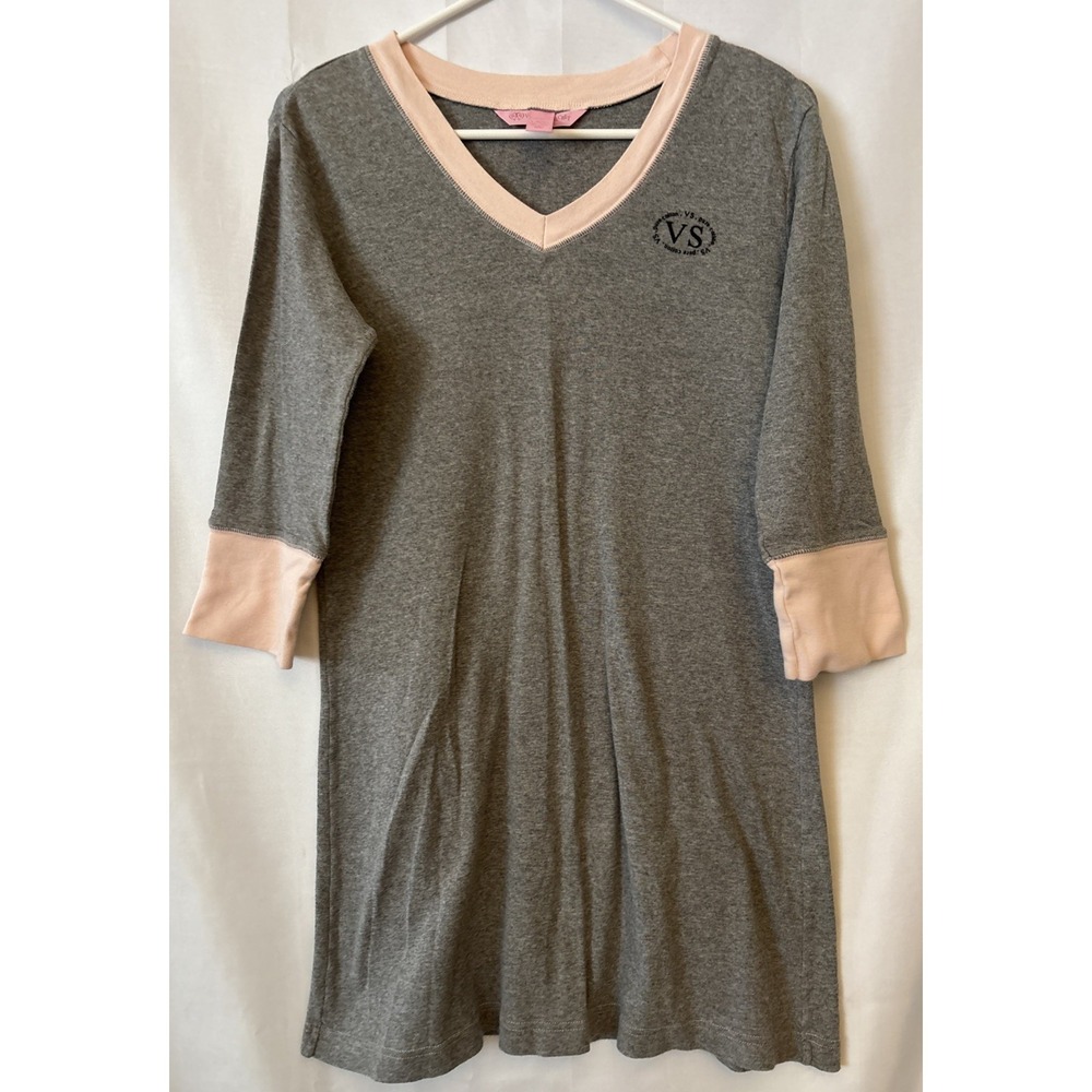 Victoria's‎ Secret Sleep Shirt Womens XS Gray Pink V Neck 3/4 Sleeve Pure Cotton